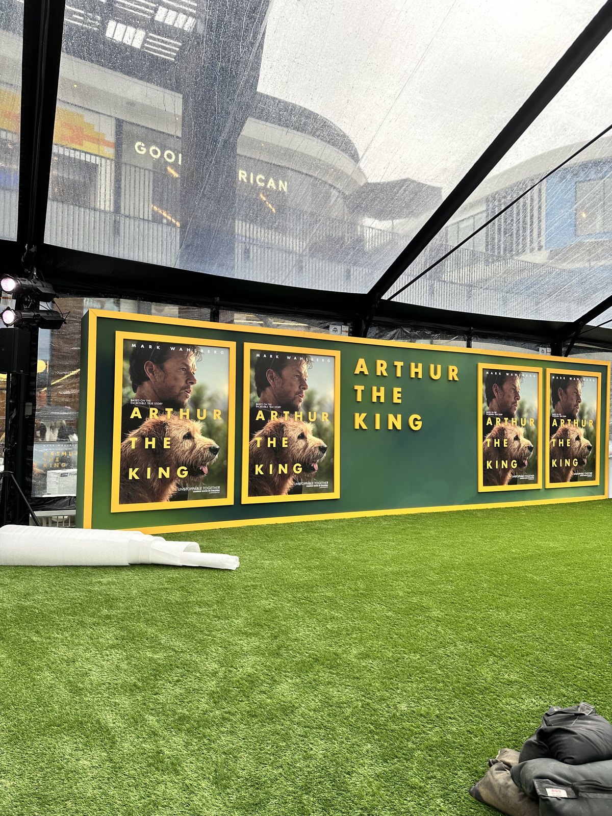 The Arthur the King dog event setup with poster wall and turf at Westfield Century City