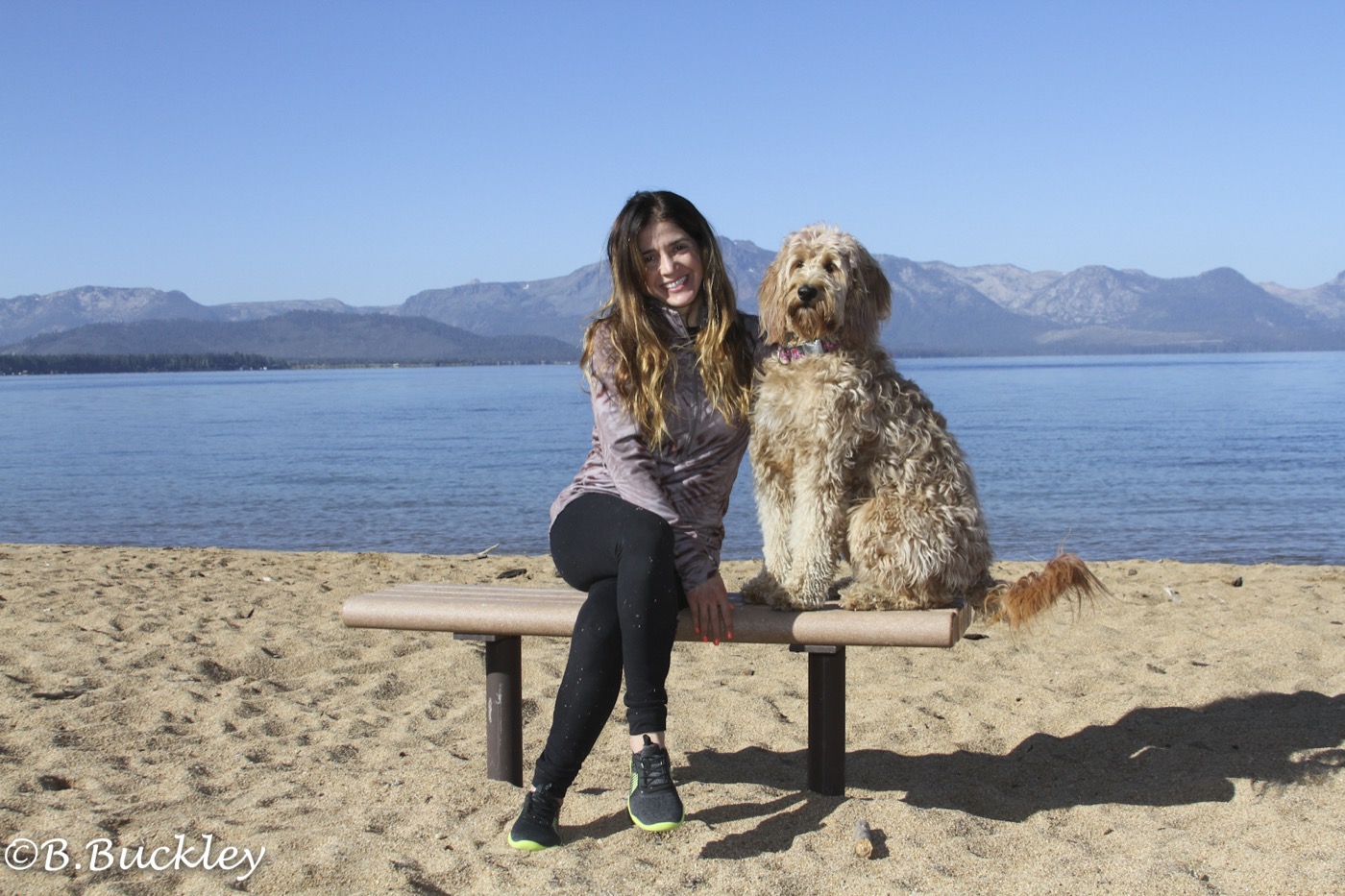 Lauren Pena and Peach the Goldendoodle on a beach bench at Lake Tahoe dog camp, photo by Barb Buckley