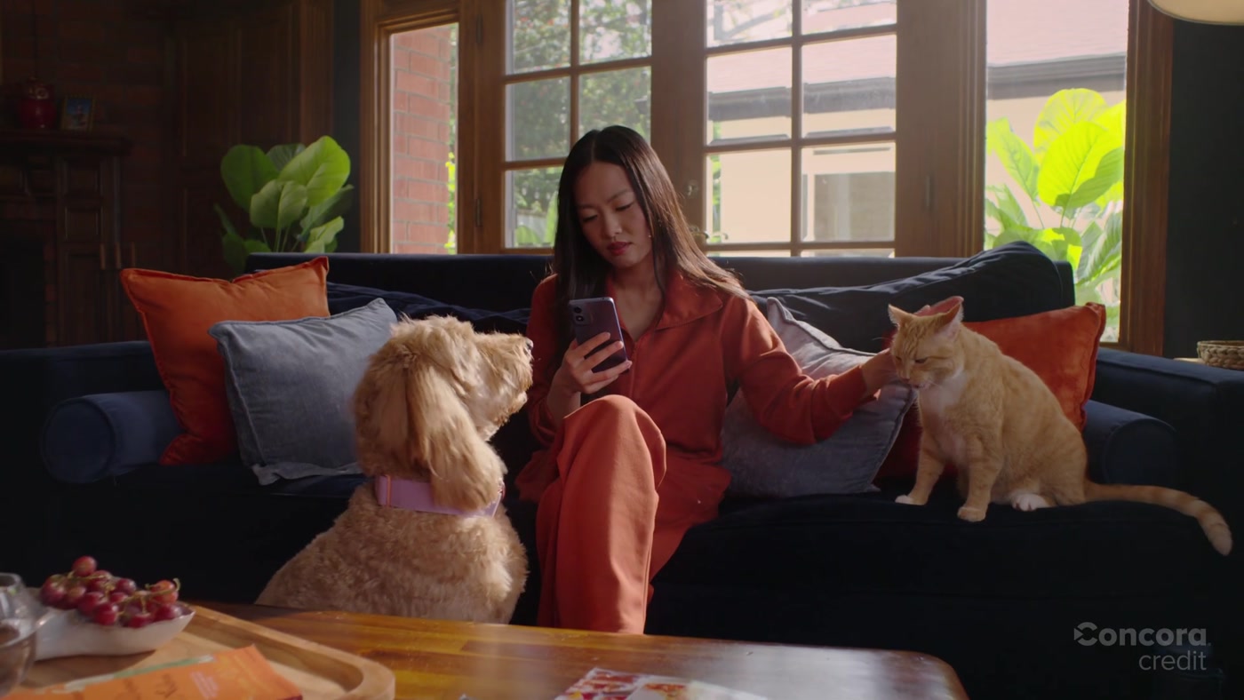 Morrison the cat and Peach the Goldendoodle on the sofa in the Concora Credit commercial